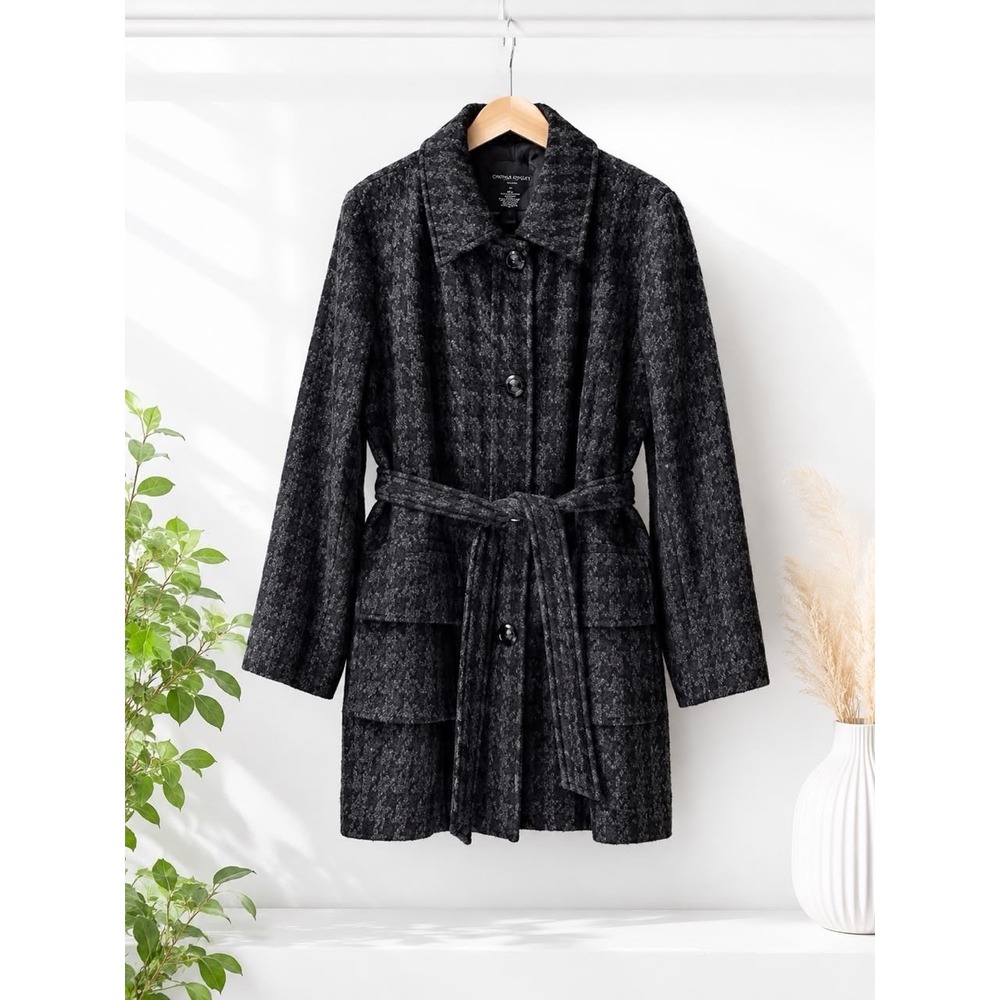 Cynthia Rowley Women's Black Houndstooth Wool Blend Belted Winter Coat Jacket - Picture 5 of 10
